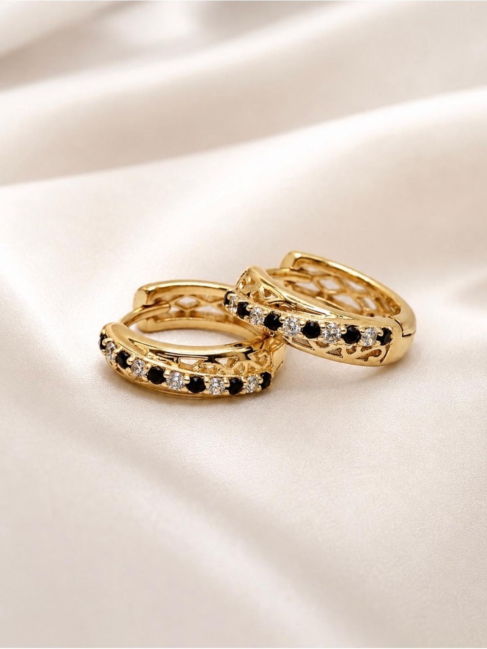 Hoop Earrings with Black and Clear Stones - 14K Gold plated. Women Jewelry- NEW